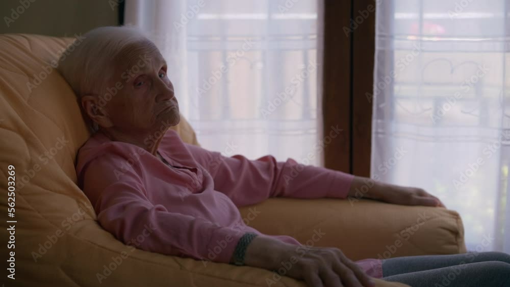 Carefree relaxed old woman thinking looking at camera and looking away sitting indoors. Side view senior Caucasian retiree thinking resting at home sitting in cozy armchair Carefree relaxed old woman thinking looking at camera and looking away sitting indoors. Side view senior Caucasian retiree thinking resting at home sitting in cozy armchair