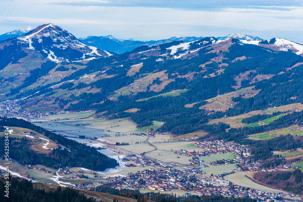 Aerial view of Alps and countryside around Kitzbuhel in Austria