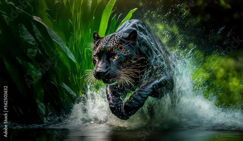Majestic Panther runs on water in jungle. Dangerous animal. 