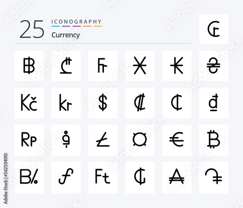 Currency 25 Line Filled icon pack including kip. money. franc. coin. denarius
