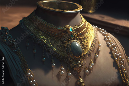 Jade and pearls gold necklace. Role-playing game illustration. Generative AI.