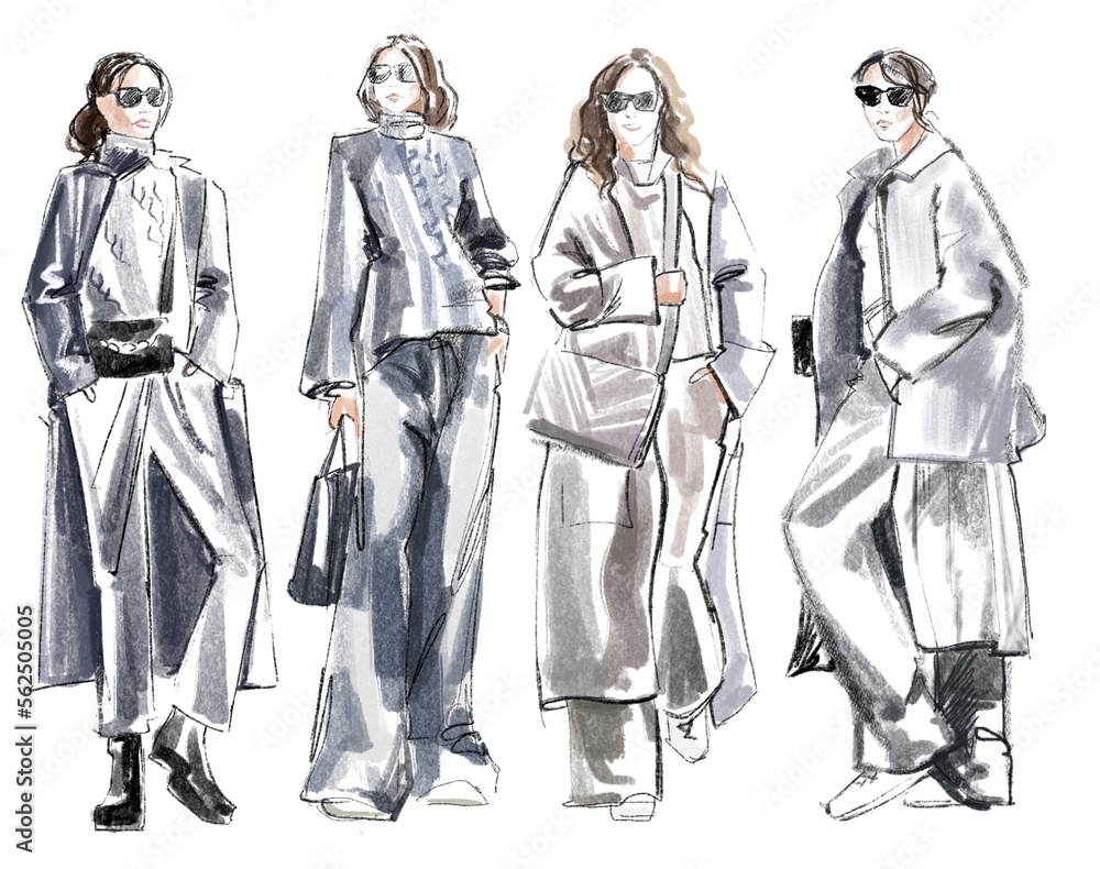 Street style outfits sketch fashion Illustration on a white background woman autumn clothes	