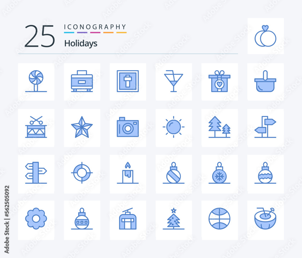 Holidays 25 Blue Color icon pack including present. gift. easter. party. glass