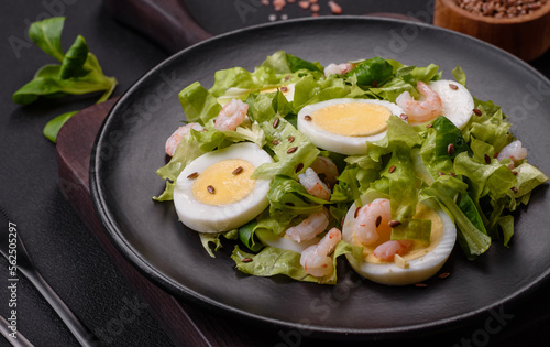 Delicious fresh healthy salad with shrimp, egg, lettuce and flax seeds