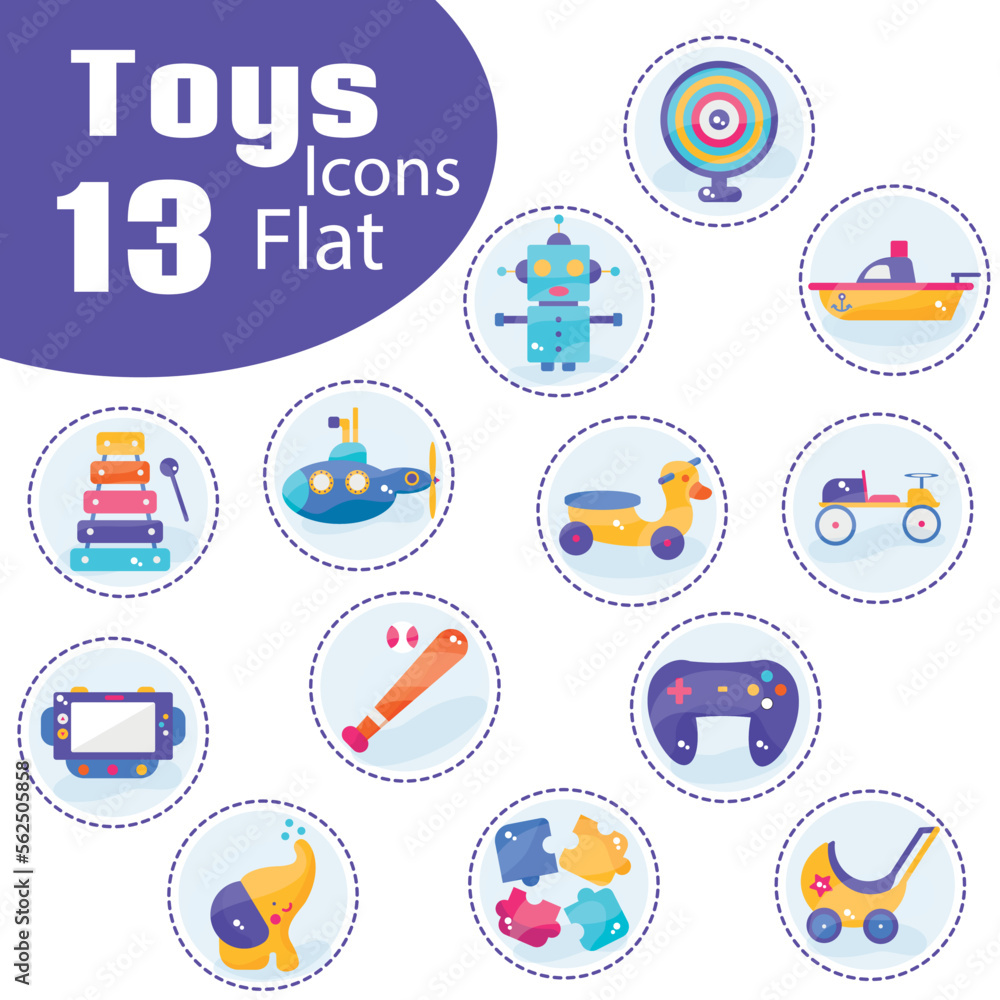 Obraz premium Set of colored toys icons Flat design Vector
