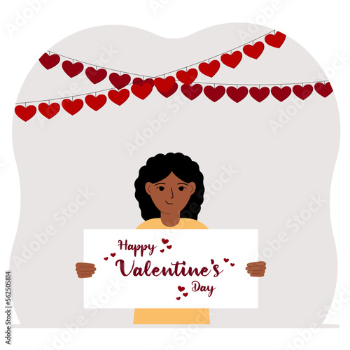 Happy little girl holding a poster with text Happy Valentine's Day and red hearts. Love concept. Happy Valentine's Day wallpaper, poster, postcard or congratulation.