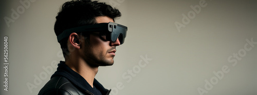 Portrait of a person, man in glasses of the future modern futuristic vr virtual glasses metaverse glasses Panoramic