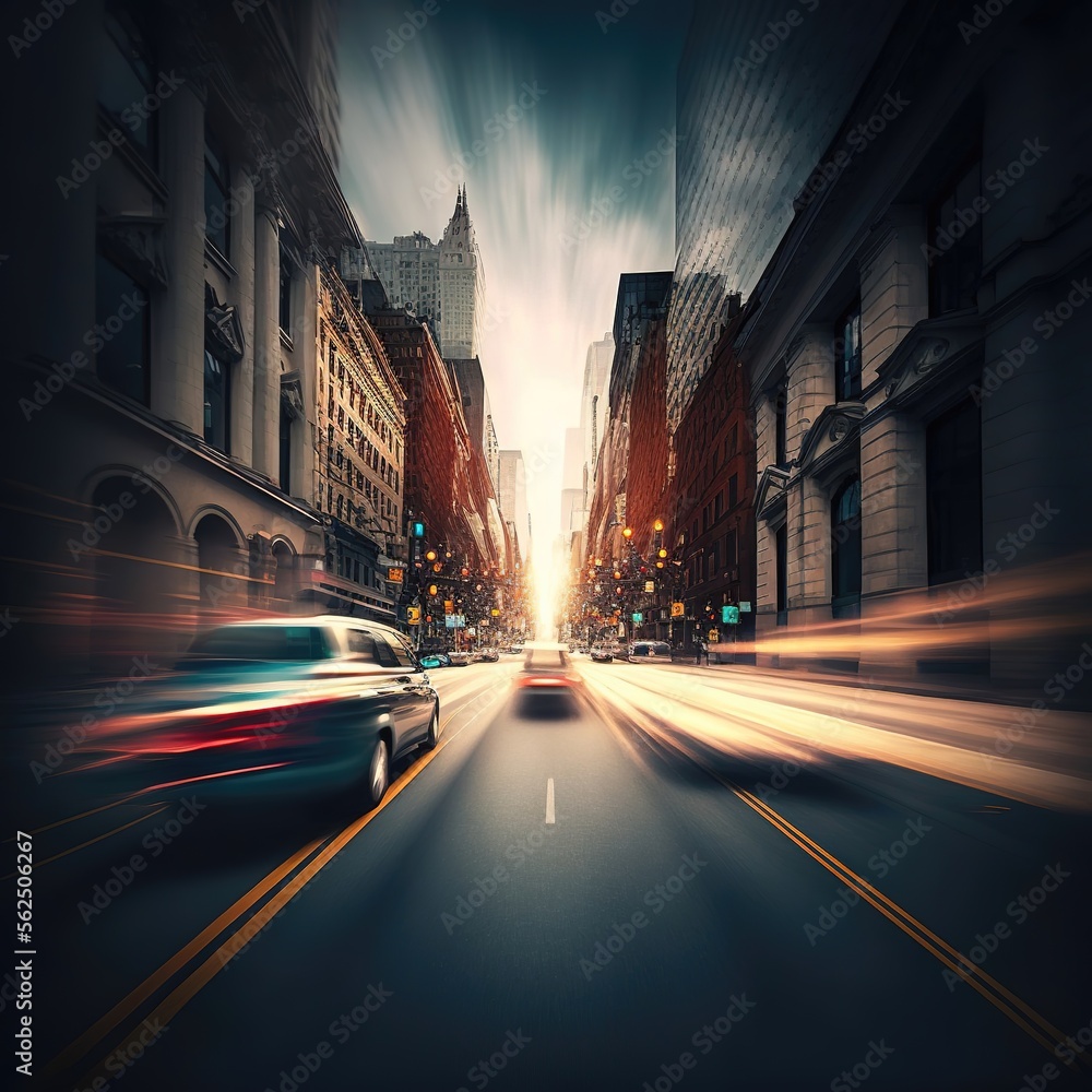 The light trails on the modern city background.  Modern blurred background. Generative Ai.