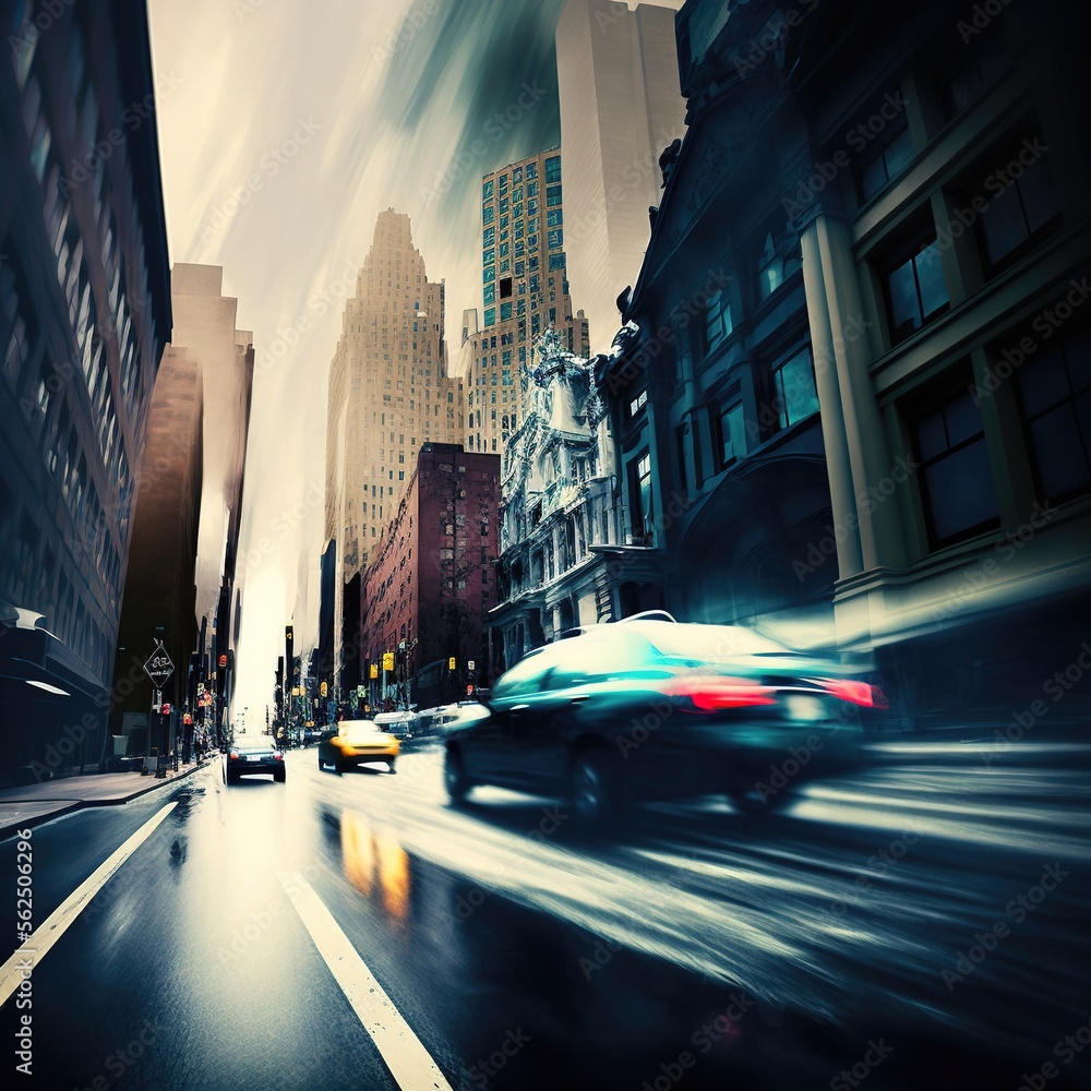 Naklejka premium The light trails on the modern city background. Modern blurred background. Generative Ai.