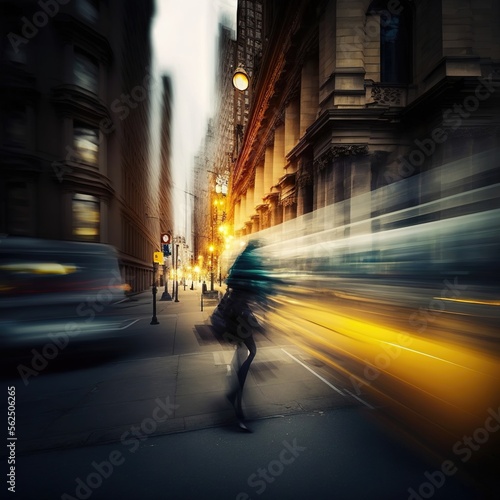 The light trails on the modern city background. Modern blurred background. Generative Ai.