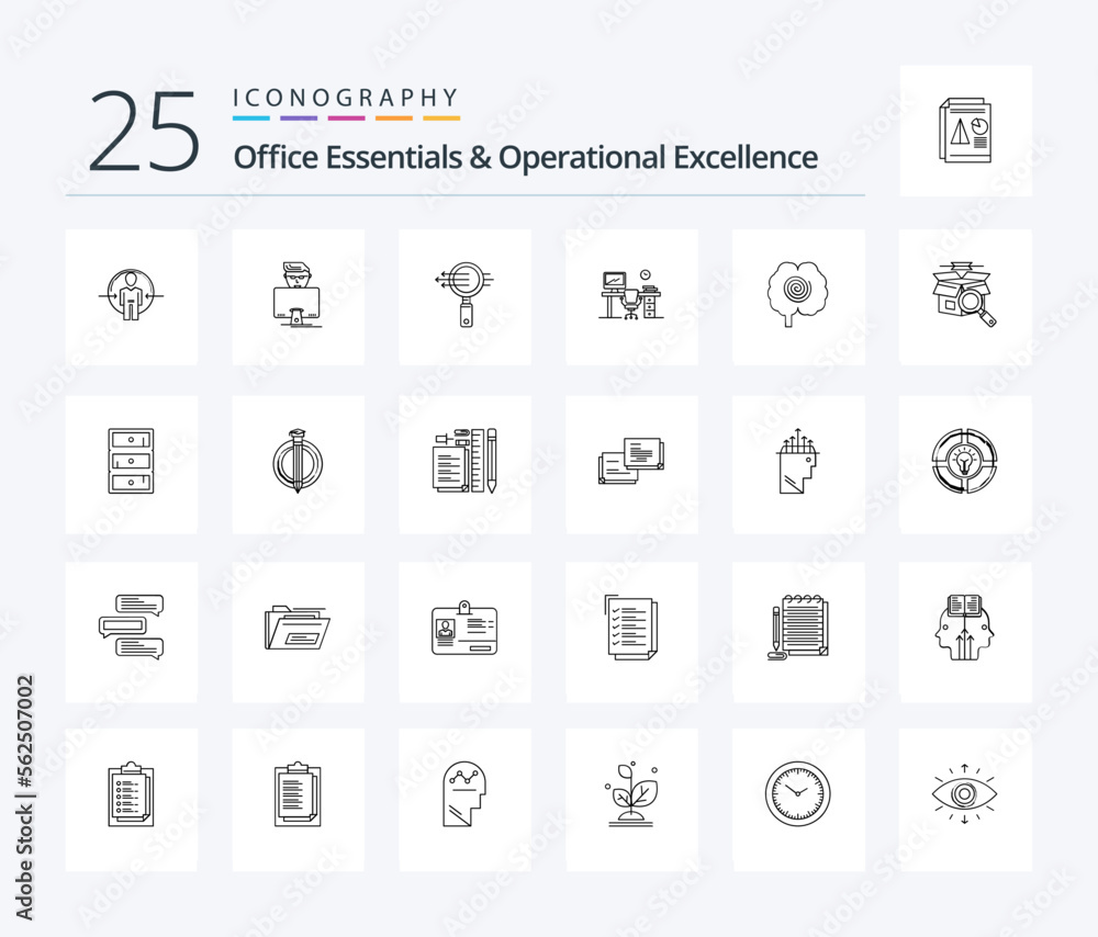 Office Essentials And Operational Exellence 25 Line icon pack including room. chair. programmer. space. zoom