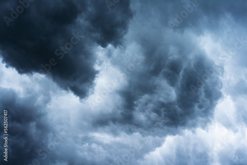 Dark blue thunderclouds close-up background