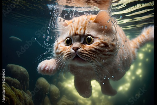 Munchkin cat underwater. Generative AI photo