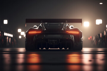 Fototapete Autos Back view silhouette of a modern generic sports racing car standing on a pit lane, cinematic lighting. Realistic 3d rendering  © Web3 Motion
