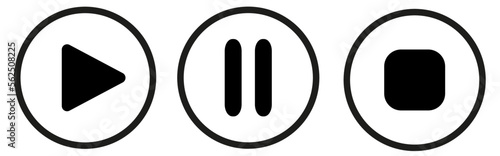 Set of black and white play, pause and stop buttons.