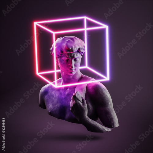 Vapor retro synth wave greek statue of david with neon light background design style concept. photo