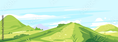 Tourist trails in the beautiful green mountains in sunny day, hiking travel concept illustration background