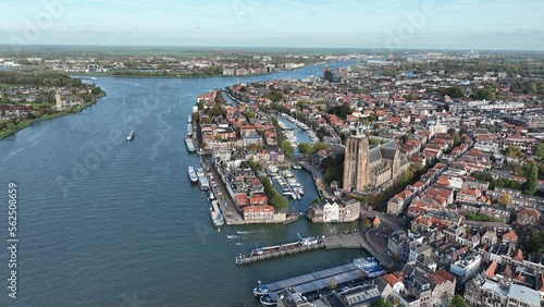 Dordrecht, the fifth municipality of the Dutch province of South Holland. The Netherlands. River Oude Maas, part of the Drechtsteden. Aerial drone overhead. photo