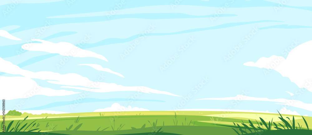 Big panorama of green lawn, summer sunny glades with field grasses and blue sky, travel landscape illustration