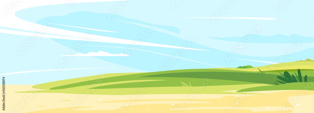 Green lawn on a sunny day for rest and picnic near the sandy shore with blue sky, place for summer holiday in the nature, summer sunny glades with field grasses