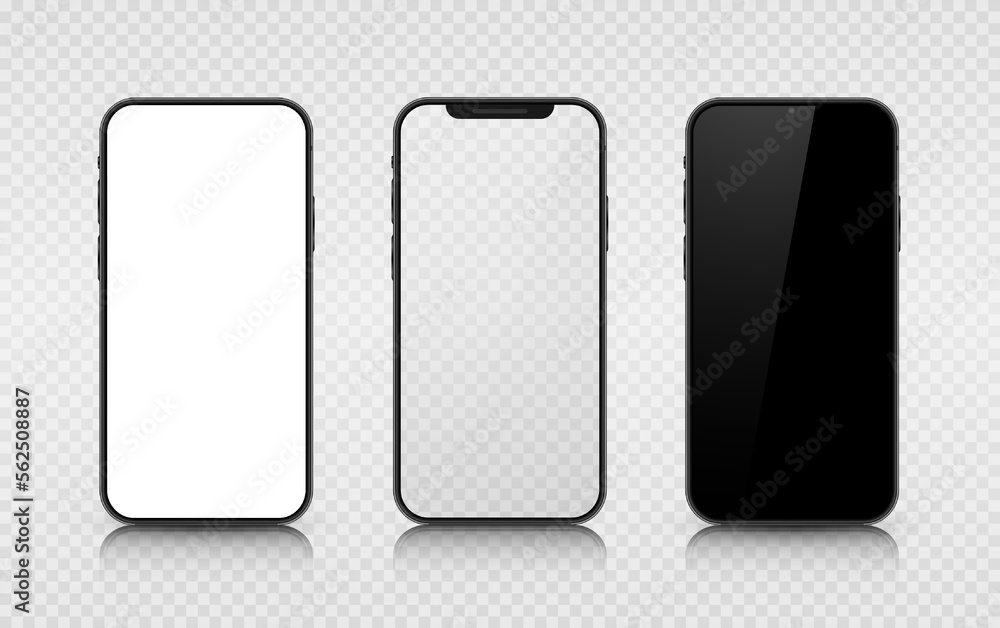 A set of three smartphones with white, transparent and black screens. Realistic 3D models of mobile phones with shadows and highlights. Front view. Vector illustration. A set of three smartphones with white, transparent and black screens. Realistic 3D models of mobile phones with shadows and highlights. Front view. Vector illustration.