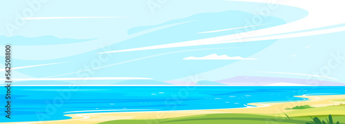 Beautiful sandy wild beach on the seaside on sunny day, panorama of empty seacoast with flying birds on sky