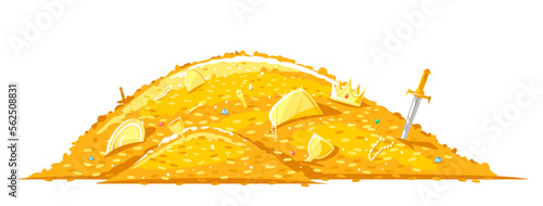 Pile of gold coins and different treasures, big bright treasure of gold coins illustration on white background, wealth concept