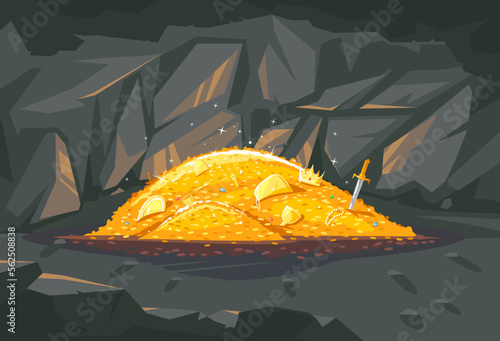 Big bright pile of gold coins with different treasures in dark cave, treasures hidden deep in the cave, wealth conceptual illustration