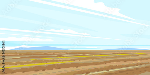 Empty plow field rural landscape, brown soil with blue sky, spring field work, farming life concept illustration