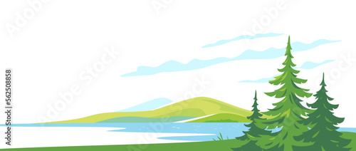 Three spruce tops overlooking the mountain lake in the valley, travel concept illustration on white background, panorama of green hills from the top of mountain