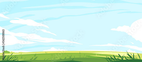 Big panorama of green lawn, summer sunny glades with field grasses and blue sky, travel landscape illustration