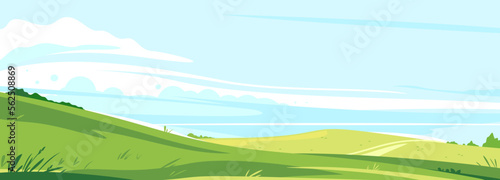 Big panorama of fields and meadows, summer countryside with green hills, summer sunny glades with field grasses and blue sky, travel concept illustration