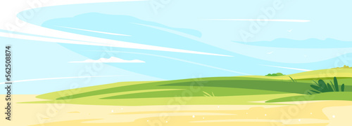 Green lawn on a sunny day for rest and picnic near the sandy shore with blue sky, place for summer holiday in the nature, summer sunny glades with field grasses