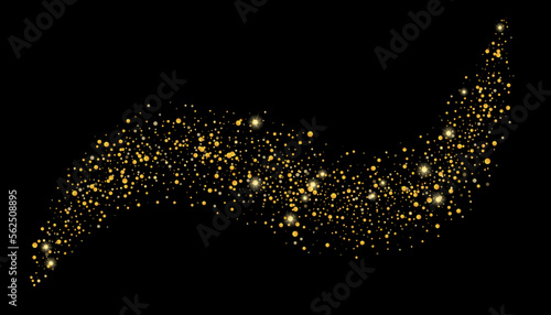 Gold glitter confetti on a black background. Shiny particles scattered, sand. Decorative element. Luxury background for your design, cards, invitations, vector