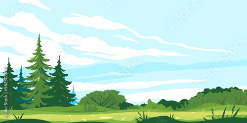 Tourist route through the spruce forest and bushes in summer sunny day, hiking travel concept illustration background