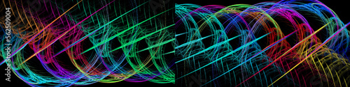 On a black background swirls of colorful curves intersect straight line segments. Two abstract fractal backgrounds in one. 3D illustration. 3D rendering.