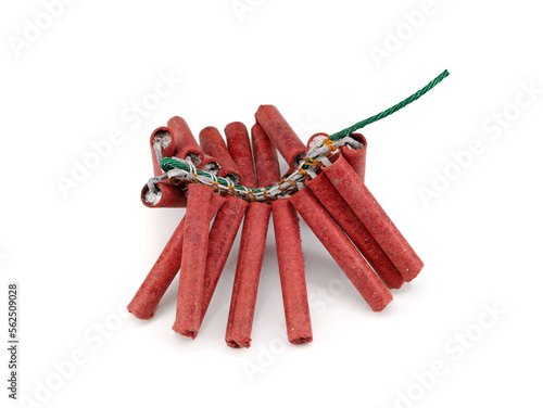 Red firecrackers string isolated on white background photo