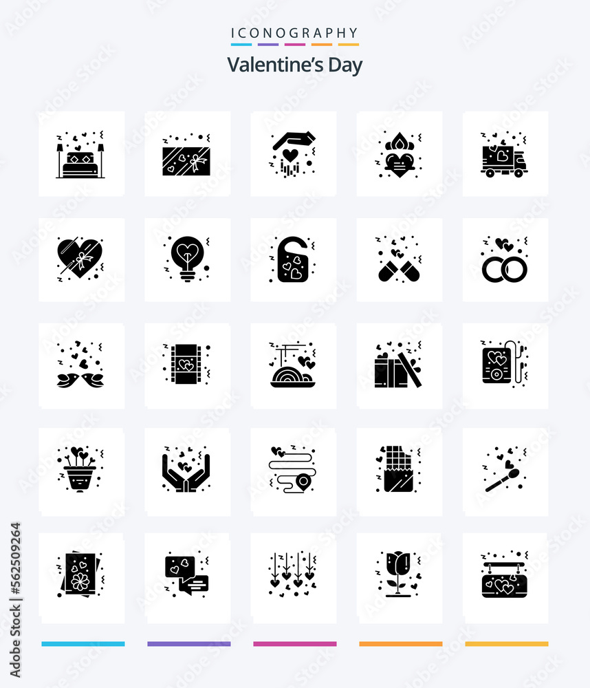 Creative Valentines Day 25 Glyph Solid Black icon pack  Such As transport. delivery. gift. romance. heart