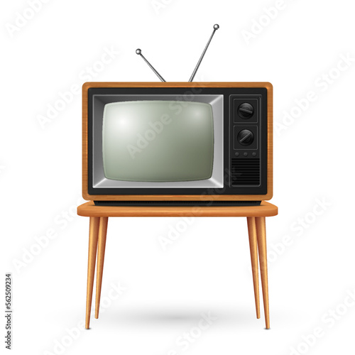 Vector 3d Realistic Brown Wooden Retro TV Receiver on Wooden Table Isolated on White Background. Home Interior Design Concept. Vintage TV Set, Television, Front View