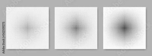 A set of black and white abstract background with a halftone pattern on a gray background. Halftone monochrome pattern with different elements. The effect of a disappearing gradient. Vector