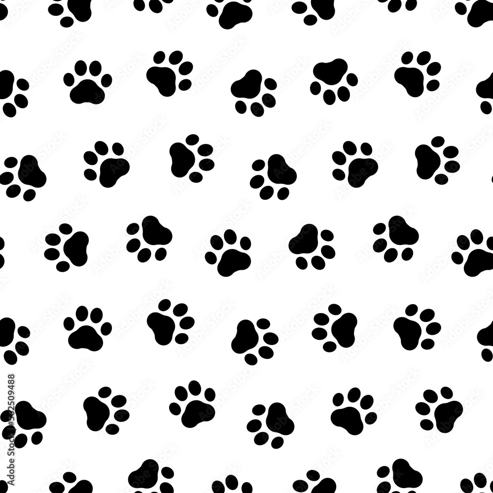 Paw dog or cat seamless pattern. Pepeating black steps dogs or cats on white background. Cute abstract walking backdrop. Repeated pets design for prints. Repeat footmark wallpaper. Vector illustration Paw dog or cat seamless pattern. Pepeating black steps dogs or cats on white background. Cute abstract walking backdrop. Repeated pets design for prints. Repeat footmark wallpaper. Vector illustration
