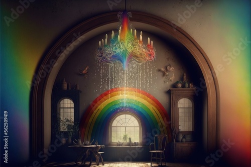 Canvastavla a rainbow chandelier hangs from a ceiling in a room with a rainbow wallpaper and a window with a rainbow in the middle of the room and a rainbow in the middle of the room