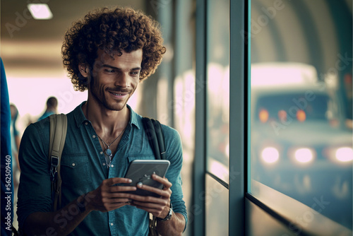 Person using mobile phone, Man looking at cell phone at bus terminal, airport, smile, bus station