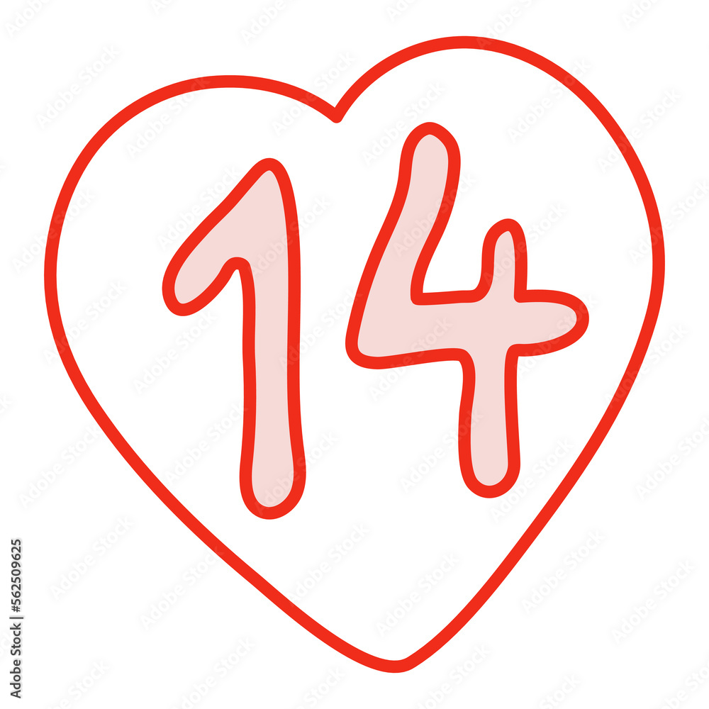 Number 14 in a heart. Outline. Hand drawn calendar date. Vector illustration. Number 14 in a heart. Outline. Hand drawn calendar date. Vector illustration.