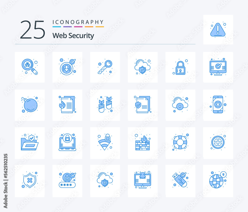 Web Security 25 Blue Color icon pack including check. padlock. key. lock. security