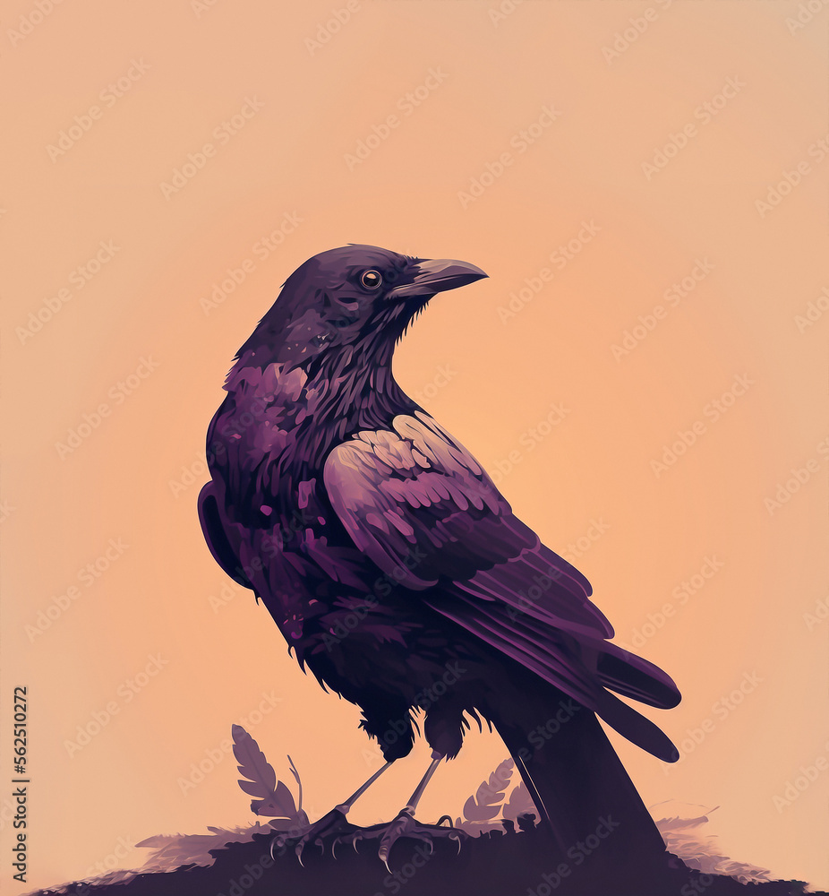 Fototapeta premium 2d illustration of a crow specimen on a branch - AI generative technology