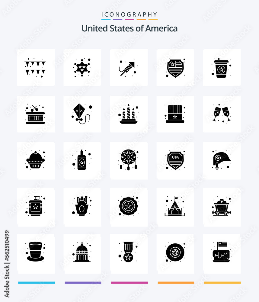 Creative Usa 25 Glyph Solid Black icon pack  Such As drum. drink. religion. beverage. protection