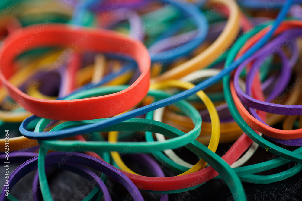 Colorful group of messy rubber bands.