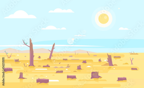 Deforestation with many stumps in desert place, nature disaster concept illustration in flat style, cutting down trees, environmental pollution and ecological problems