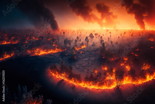 Forest wildfire, aerial view, night. Generative AI